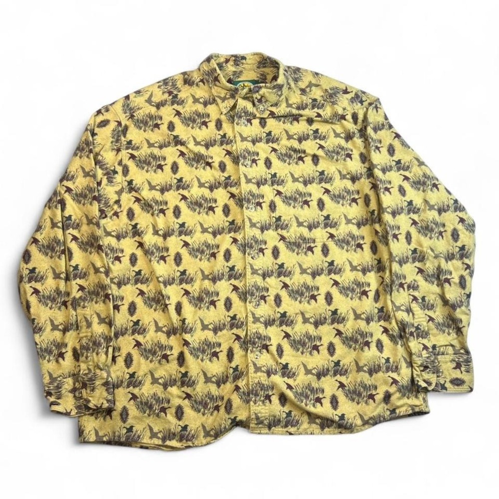 Vintage Cabelas Yellow and maroon duck print button up shirt size XL